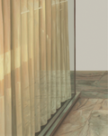 Close up of an artwork by Lance Corlett of a modern architectural interior with glass walls.