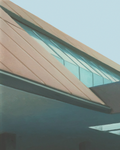 Close up of an artwork by Lance Corlett of modern architectural design with a flat roof and glass panels.