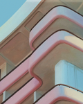 Close up of artwork by artist Lance Corlett. Pastel blues & pink of a building in Hawaii