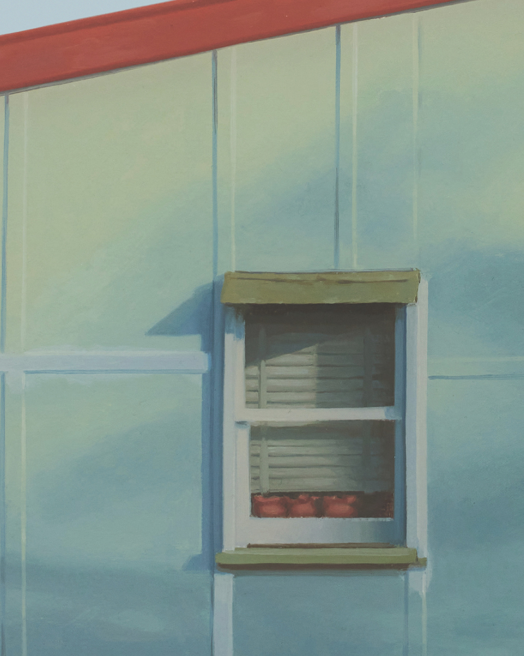 Close up of the Unpaid Leave artwork by lance Corlett. A small window with wooden frame on a light blue wall
